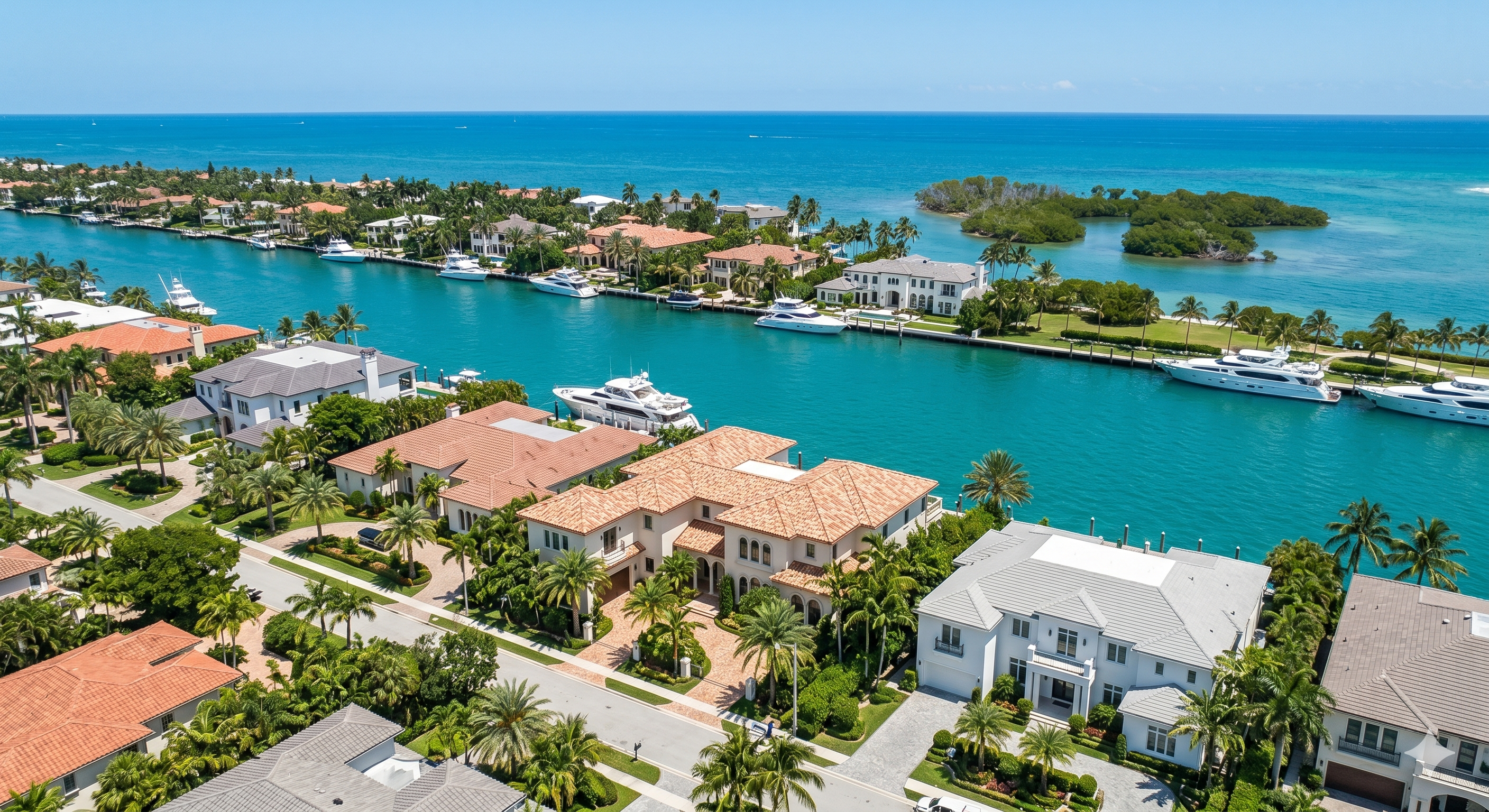 Aerial perspective of luxury waterfront properties and site context